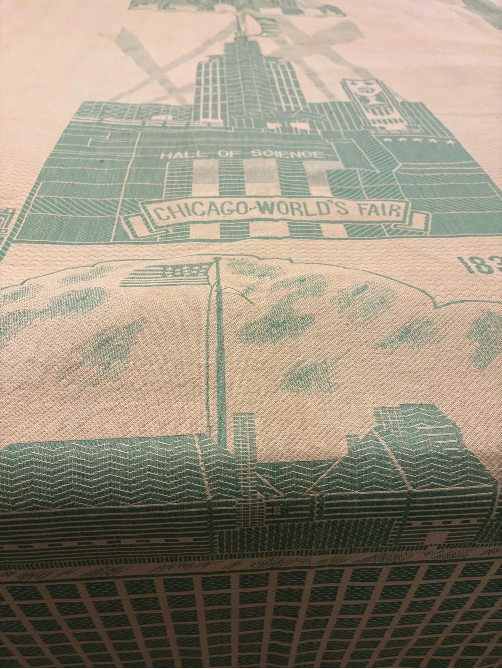 Vintage Chicago 1933 Authentic World’s Fair Jacquard Bedspread - Green & Cream